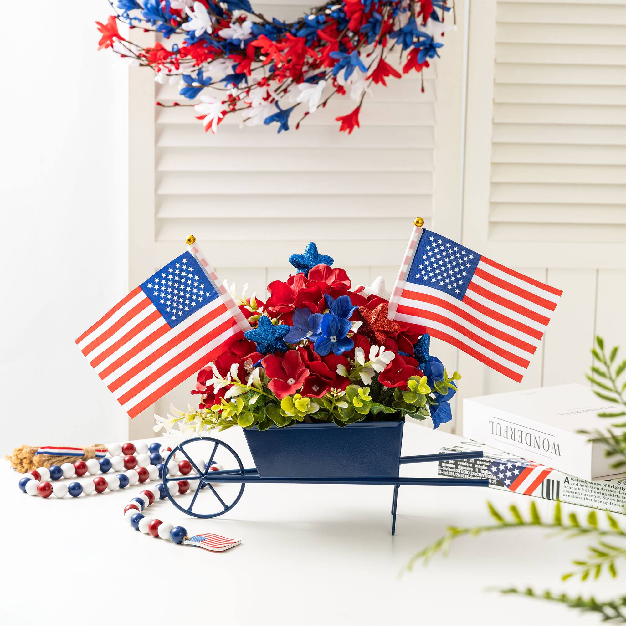 Glitzhome® 14" Patriotic Americana Hydrangea Metal Wagon Centerpiece